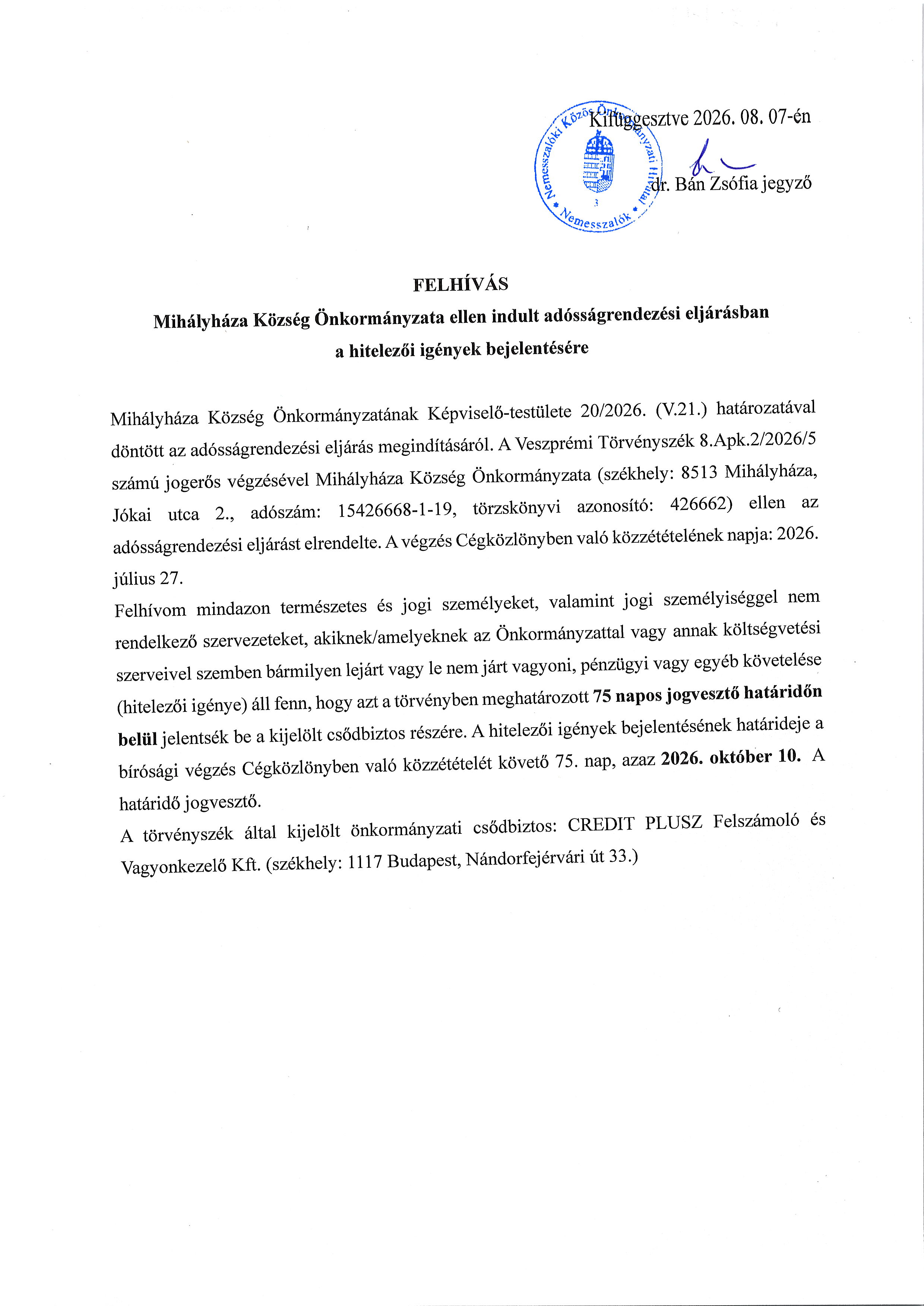 felhivas_hitelezoi_igeny_bejelenresere